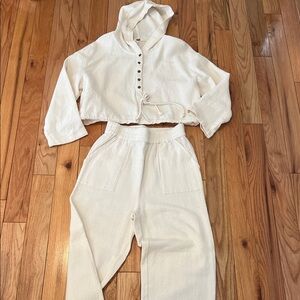 Free People Cream Hooded Waffle Pant Set